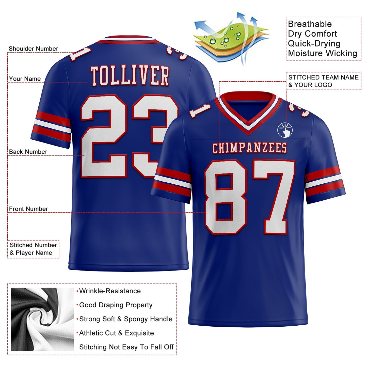 Custom Royal White-Red Authentic Football Jersey view 2