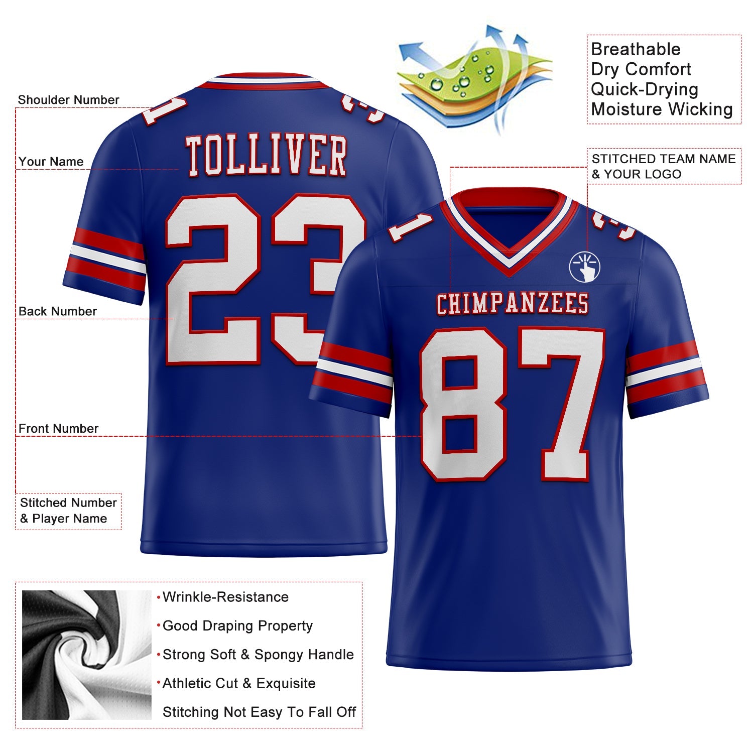 Custom Royal White-Red Authentic Football Jersey view 2