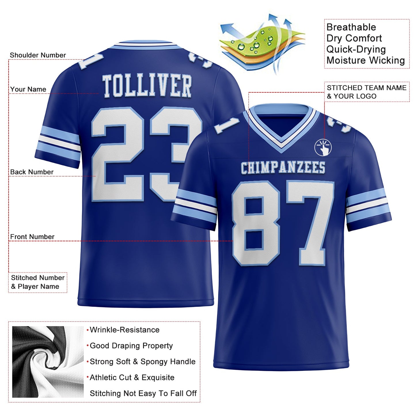 Custom Royal White-Light Blue Authentic Football Jersey view 2
