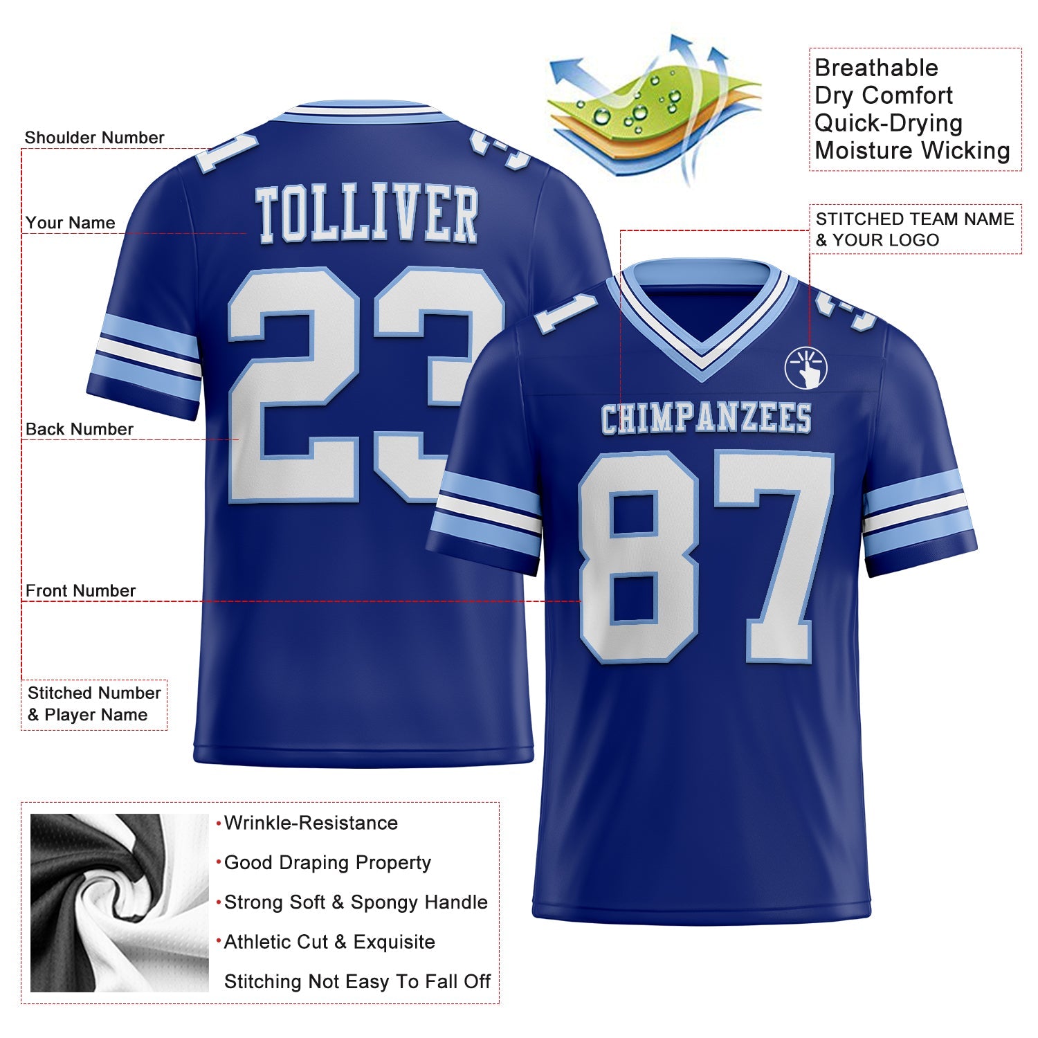 Custom Royal White-Light Blue Authentic Football Jersey view 2