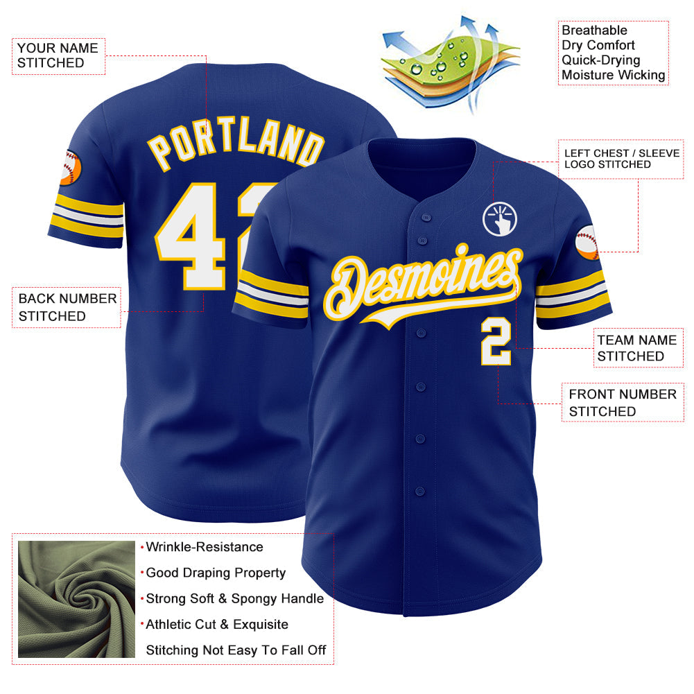 Custom Royal White-Yellow Authentic Baseball Jersey view 3