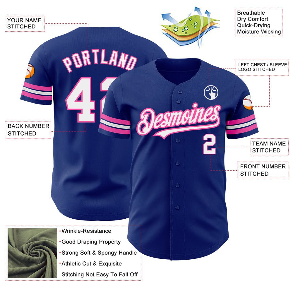 Custom Royal White-Pink Authentic Baseball Jersey view 3