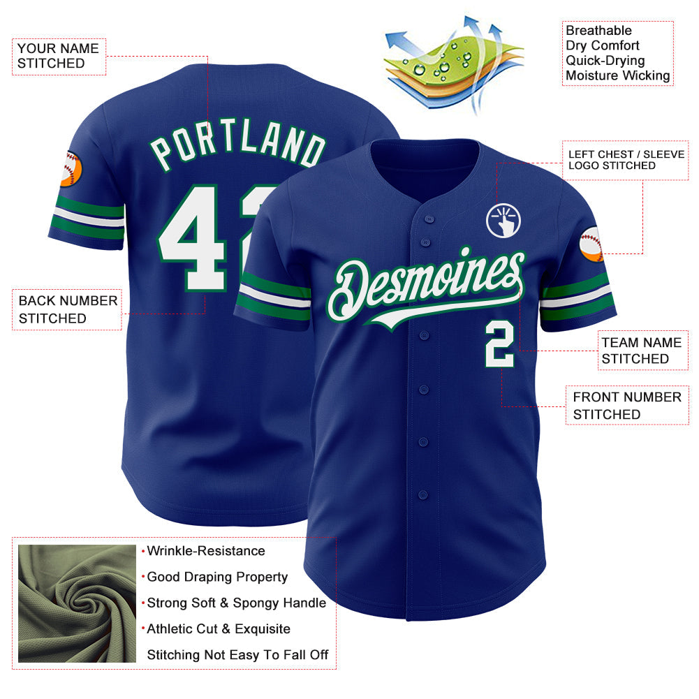 Custom Royal White-Kelly Green Authentic Baseball Jersey view 3