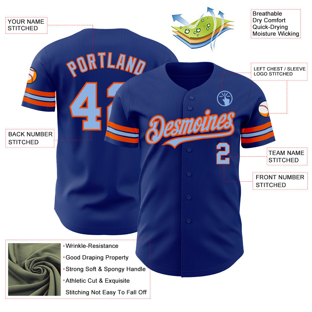 Custom Royal Light Blue-Orange Authentic Baseball Jersey view 3