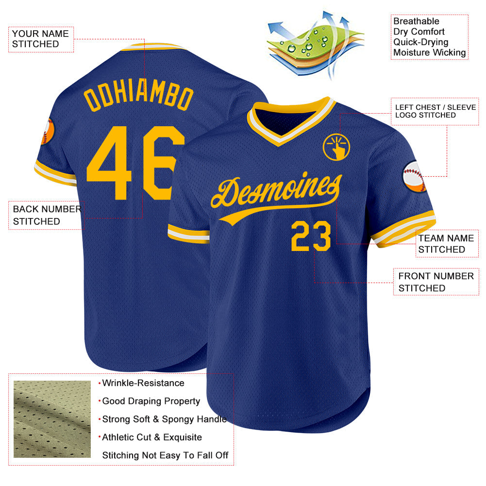 Custom Royal Gold-White Authentic Throwback Baseball Jersey view 3