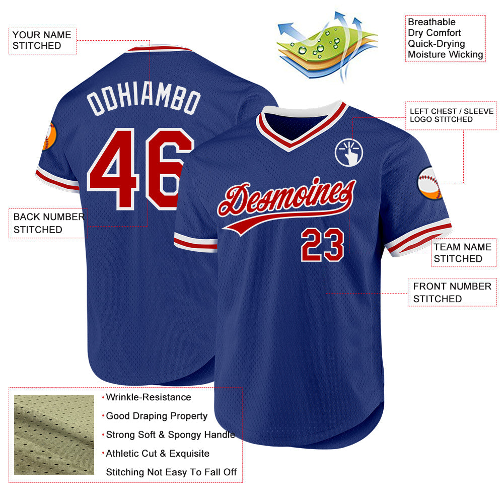 Custom Royal Red-White Authentic Throwback Baseball Jersey view 3