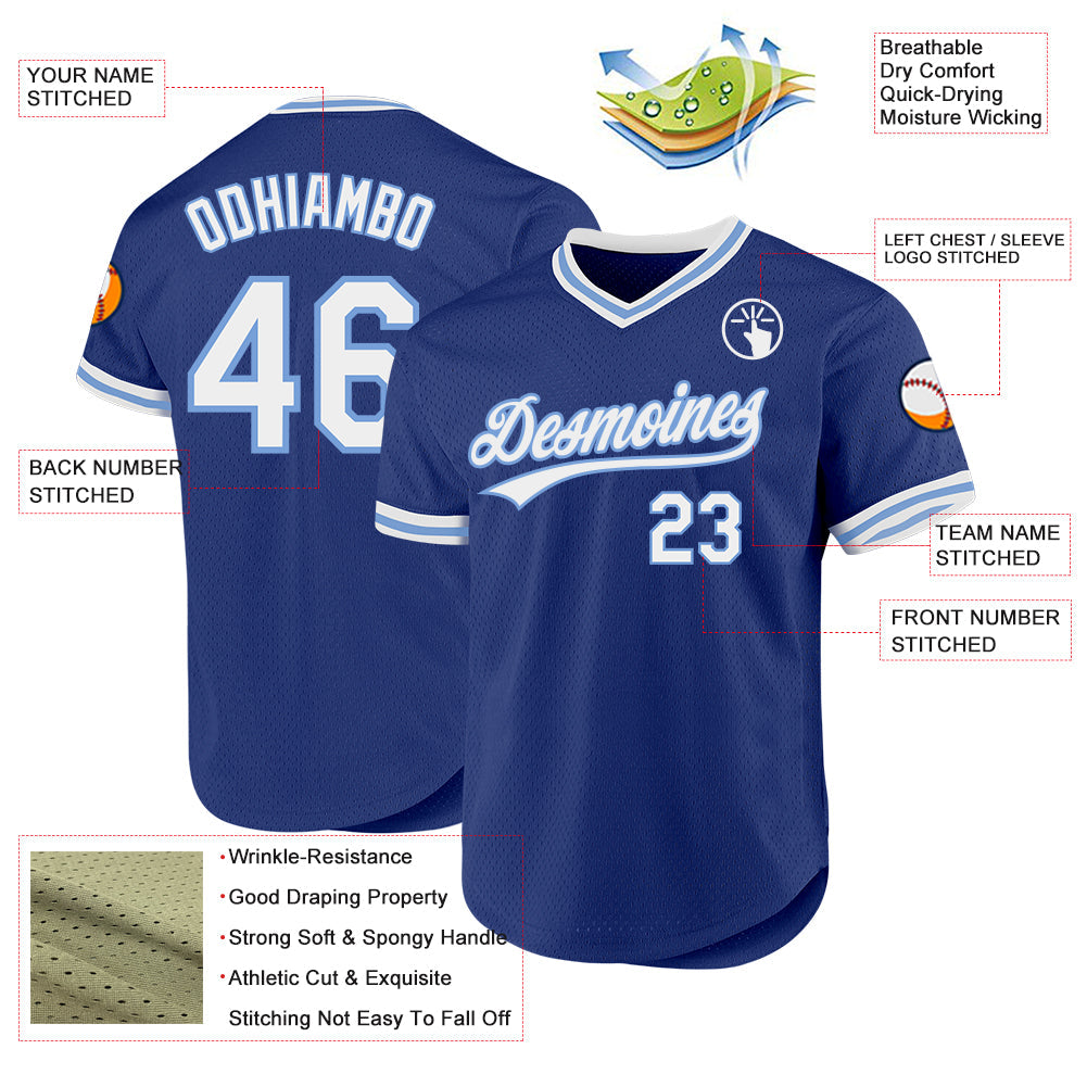 Custom Royal White-Light Blue Authentic Throwback Baseball Jersey view 3