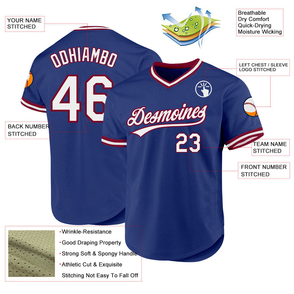 Custom Royal White-Maroon Authentic Throwback Baseball Jersey view 3