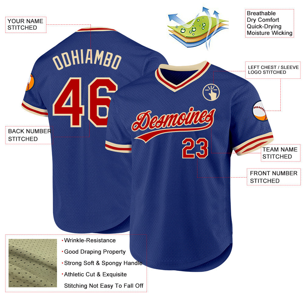 Custom Royal Red-Cream Authentic Throwback Baseball Jersey view 3