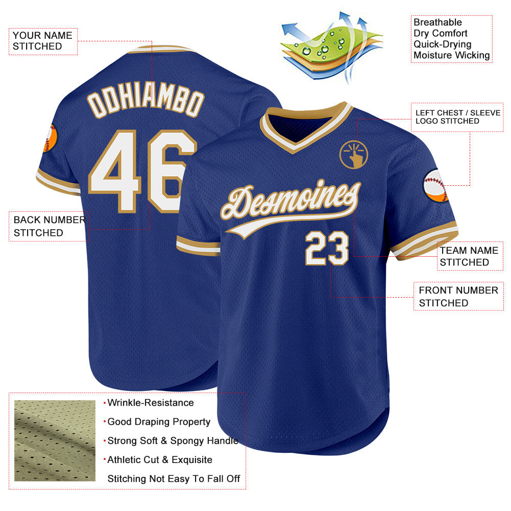 Custom Royal White-Old Gold Authentic Throwback Baseball Jersey view 3