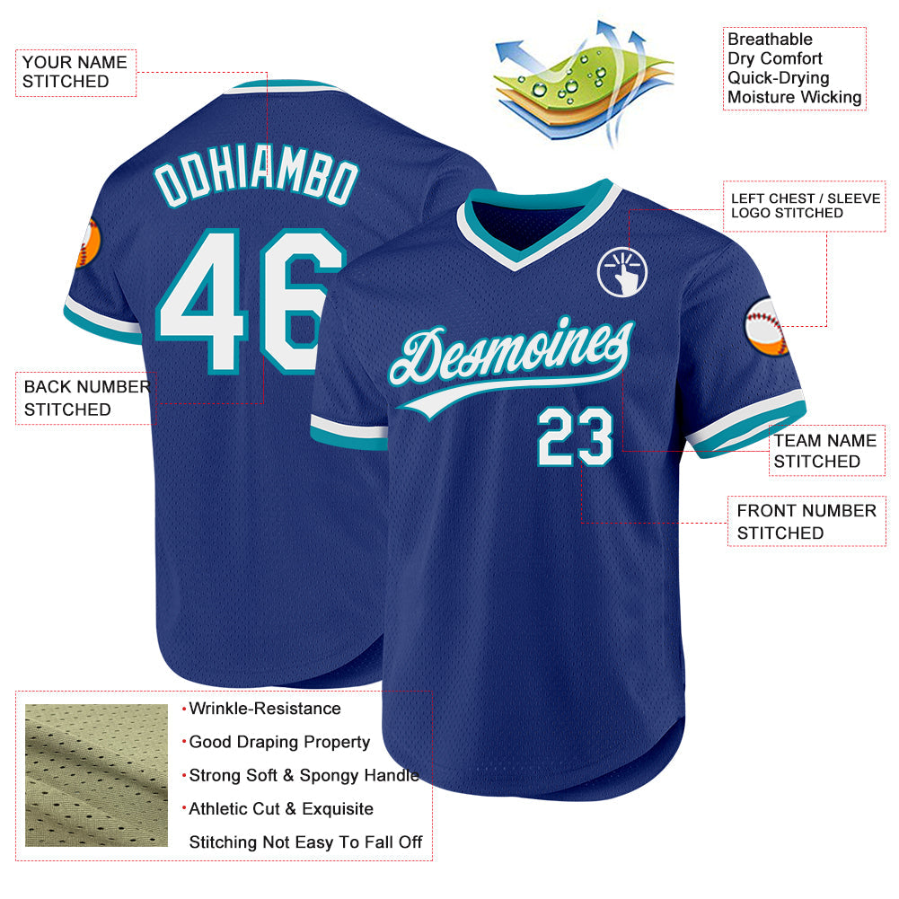 Custom Royal White-Teal Authentic Throwback Baseball Jersey view 3