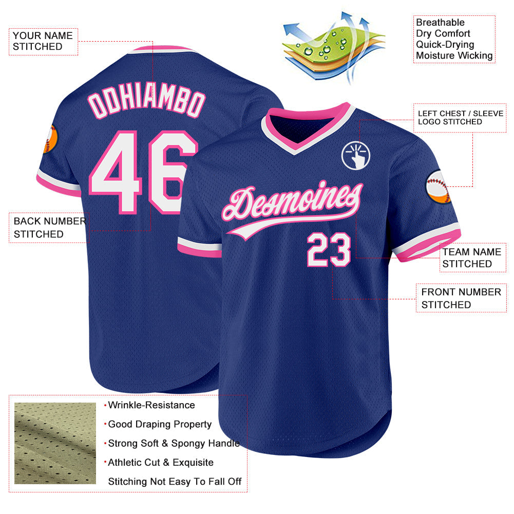 Custom Royal White-Pink Authentic Throwback Baseball Jersey view 3