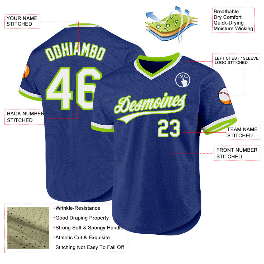 Custom Royal White-Neon Green Authentic Throwback Baseball Jersey view 3