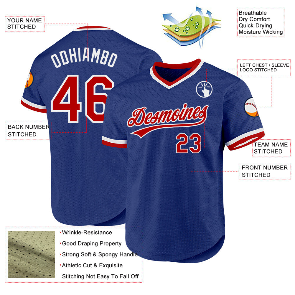 Custom Royal Red-White Authentic Throwback Baseball Jersey view 3
