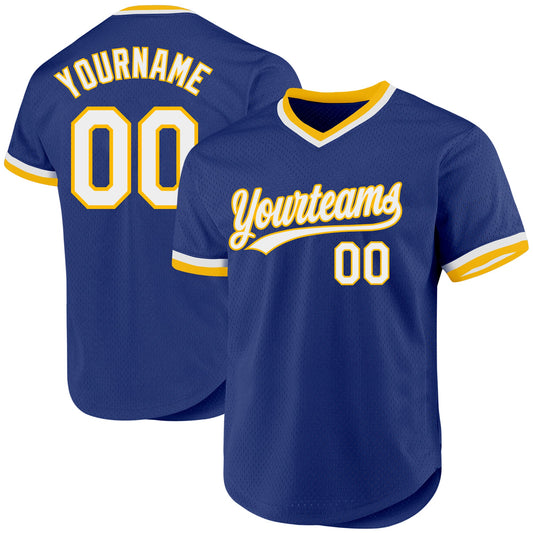 Custom Royal White-Gold Authentic Throwback Baseball Jersey - Main View