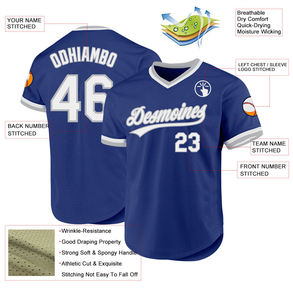 Custom Royal White-Gray Authentic Throwback Baseball Jersey view 3