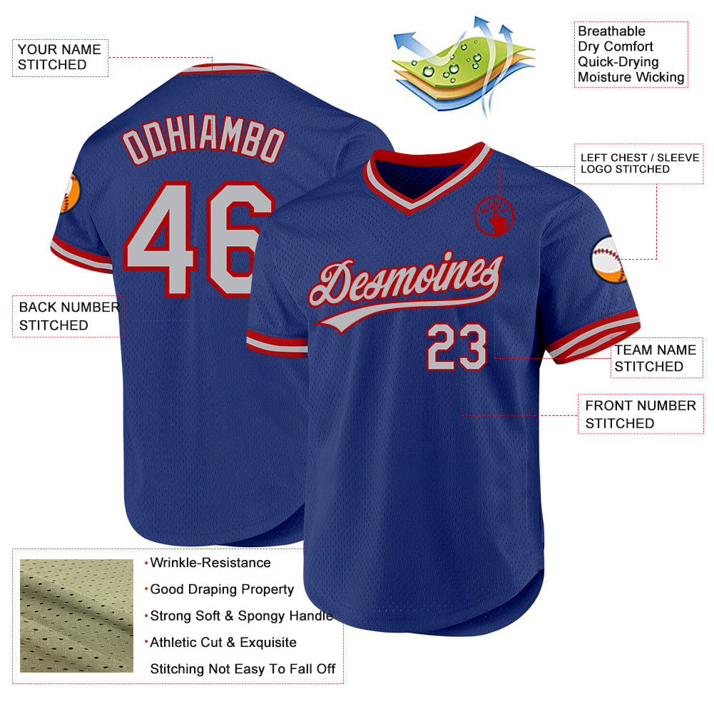 Custom Royal Gray-Red Authentic Throwback Baseball Jersey view 3