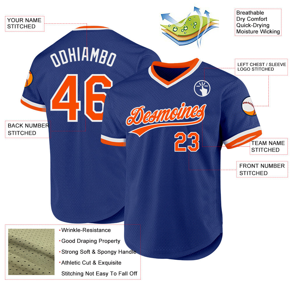 Custom Royal Orange-White Authentic Throwback Baseball Jersey view 3