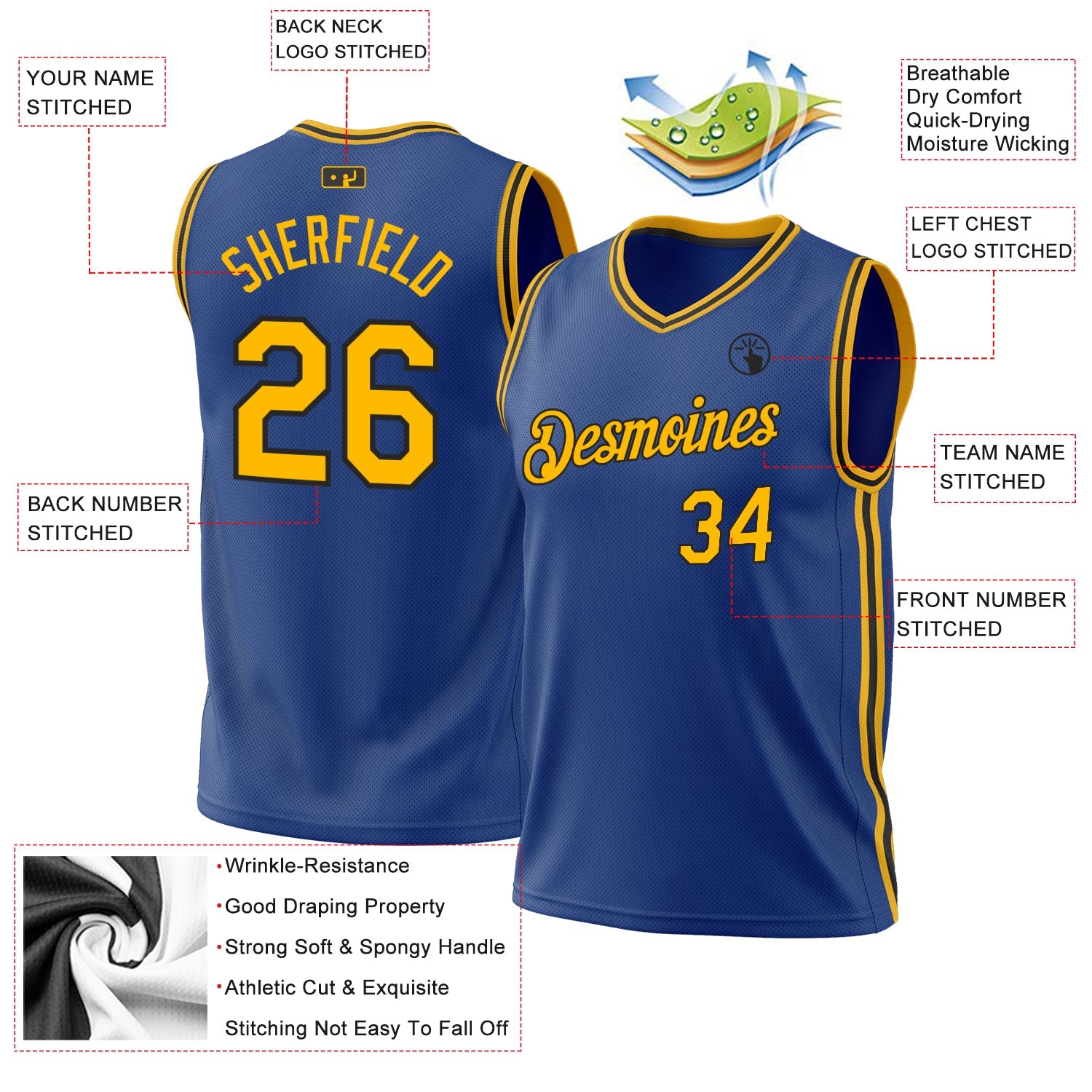 Custom Royal Gold-Black Authentic Throwback Basketball Jersey view 3