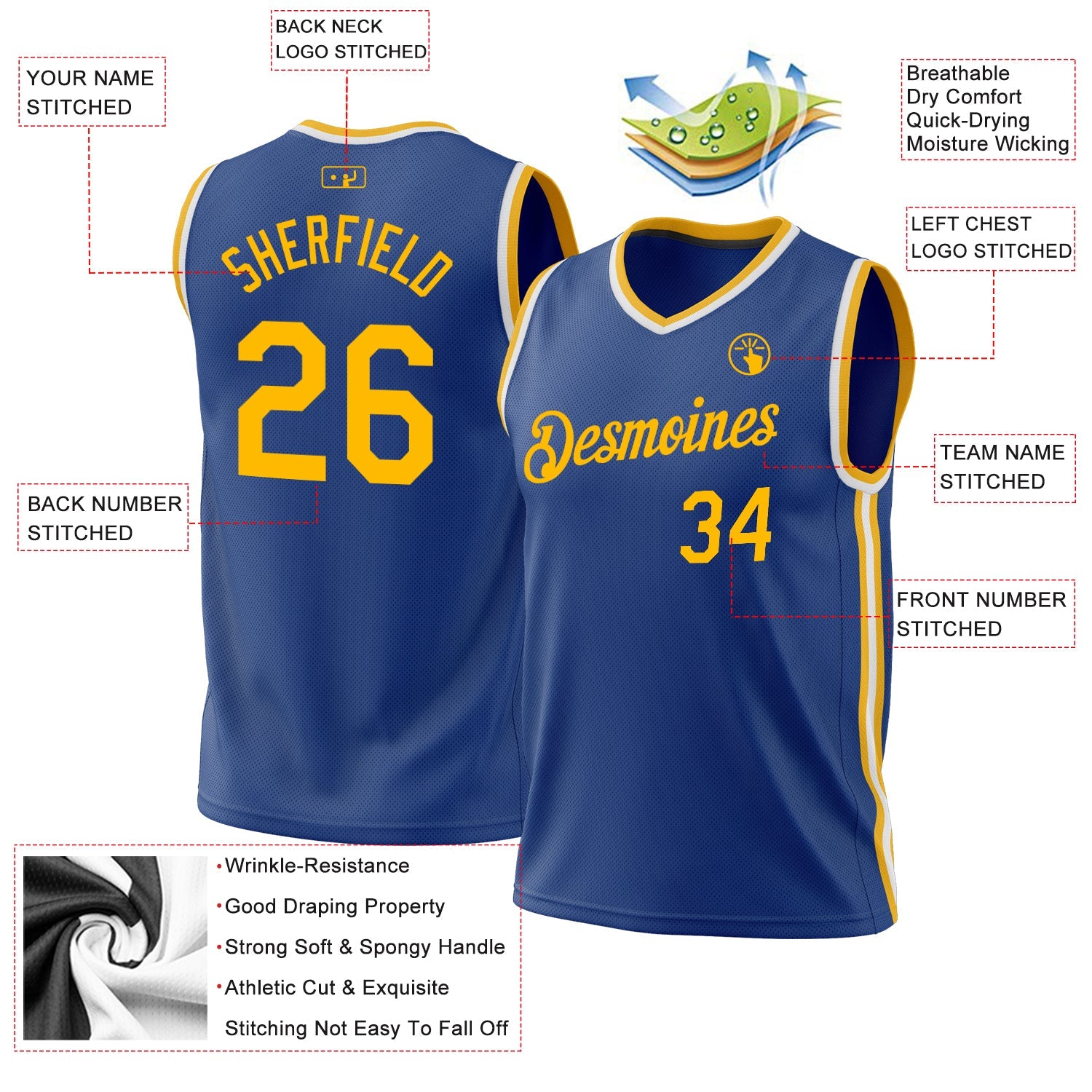 Custom Royal Gold-White Authentic Throwback Basketball Jersey view 3