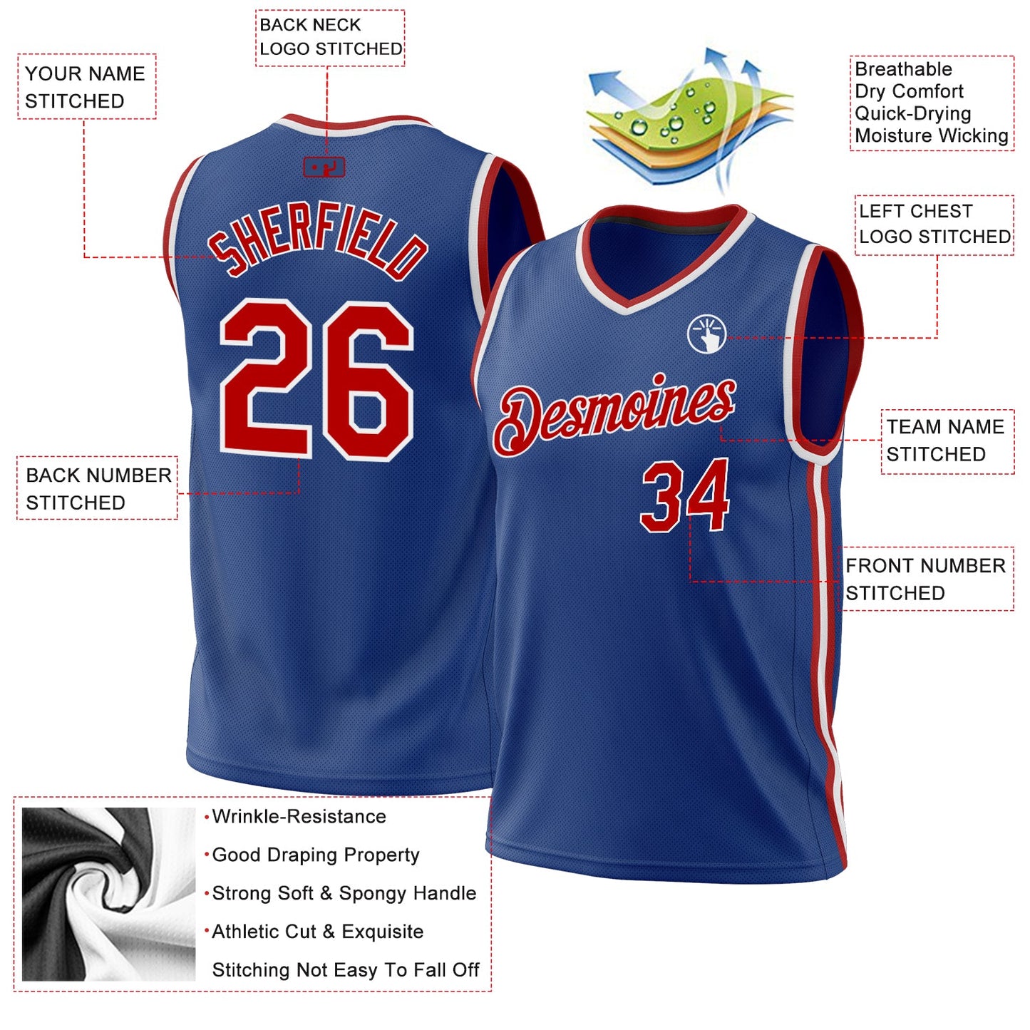 Custom Royal Red-White Authentic Throwback Basketball Jersey view 3