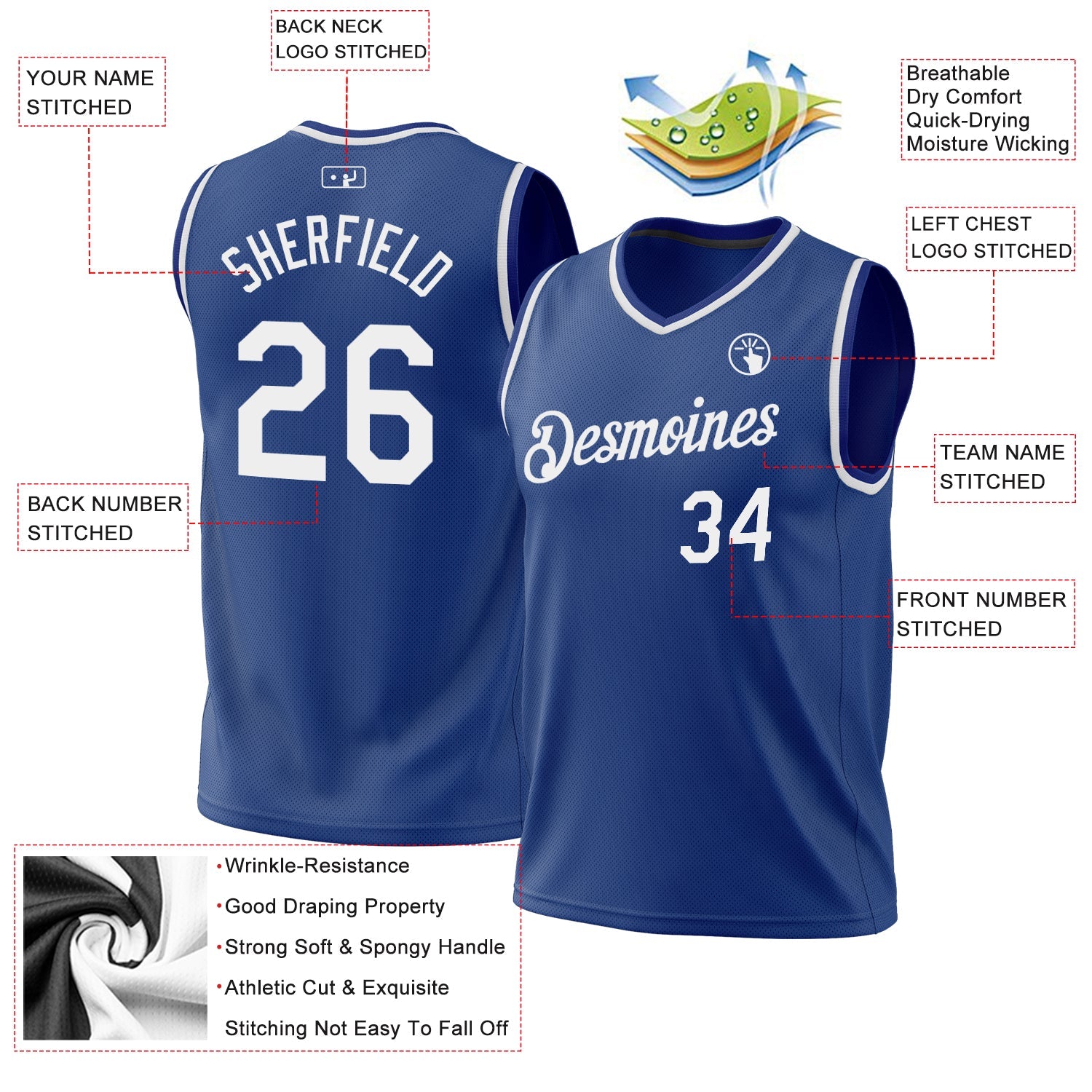 Custom Royal White Authentic Throwback Basketball Jersey view 3