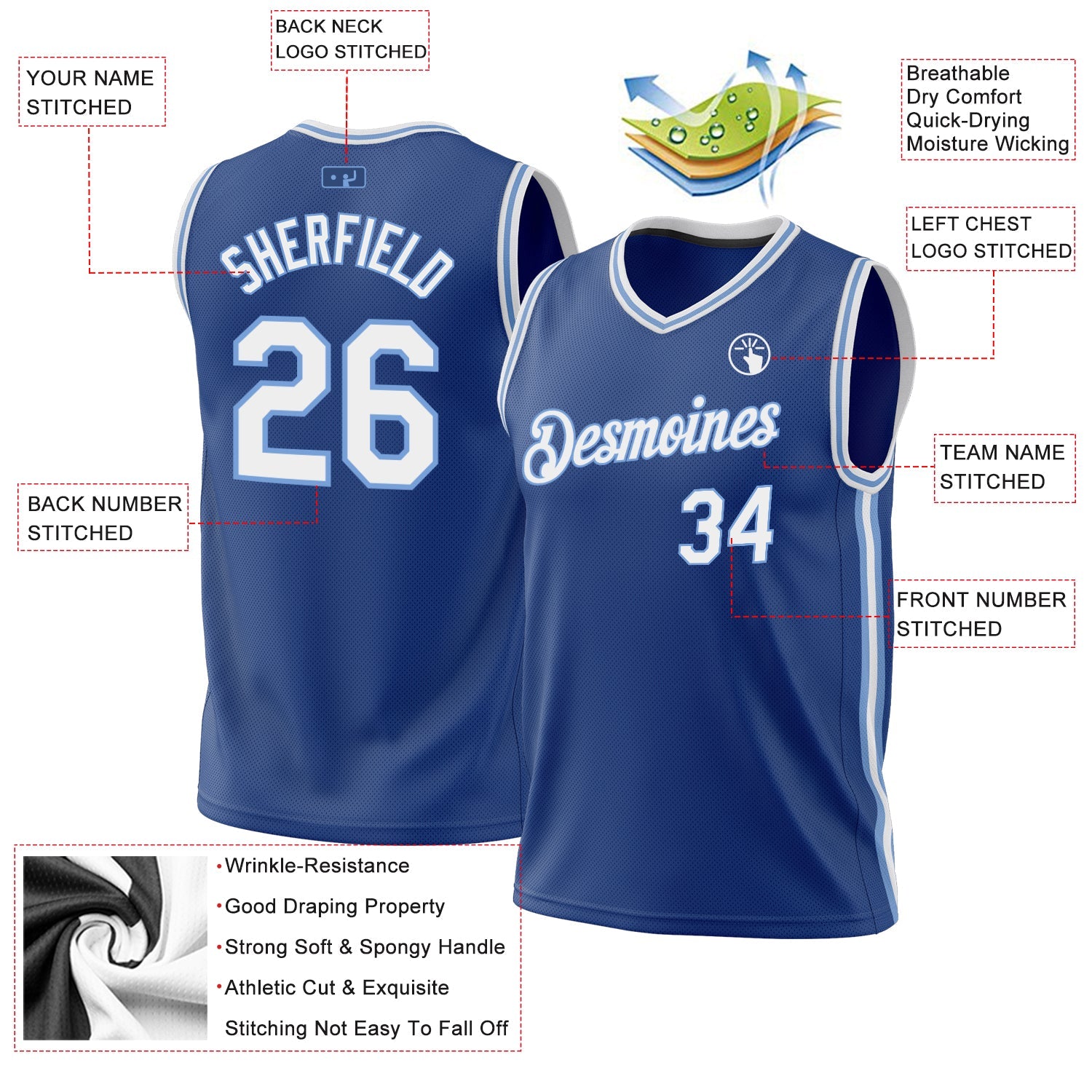 Custom Royal White-Light Blue Authentic Throwback Basketball Jersey view 3