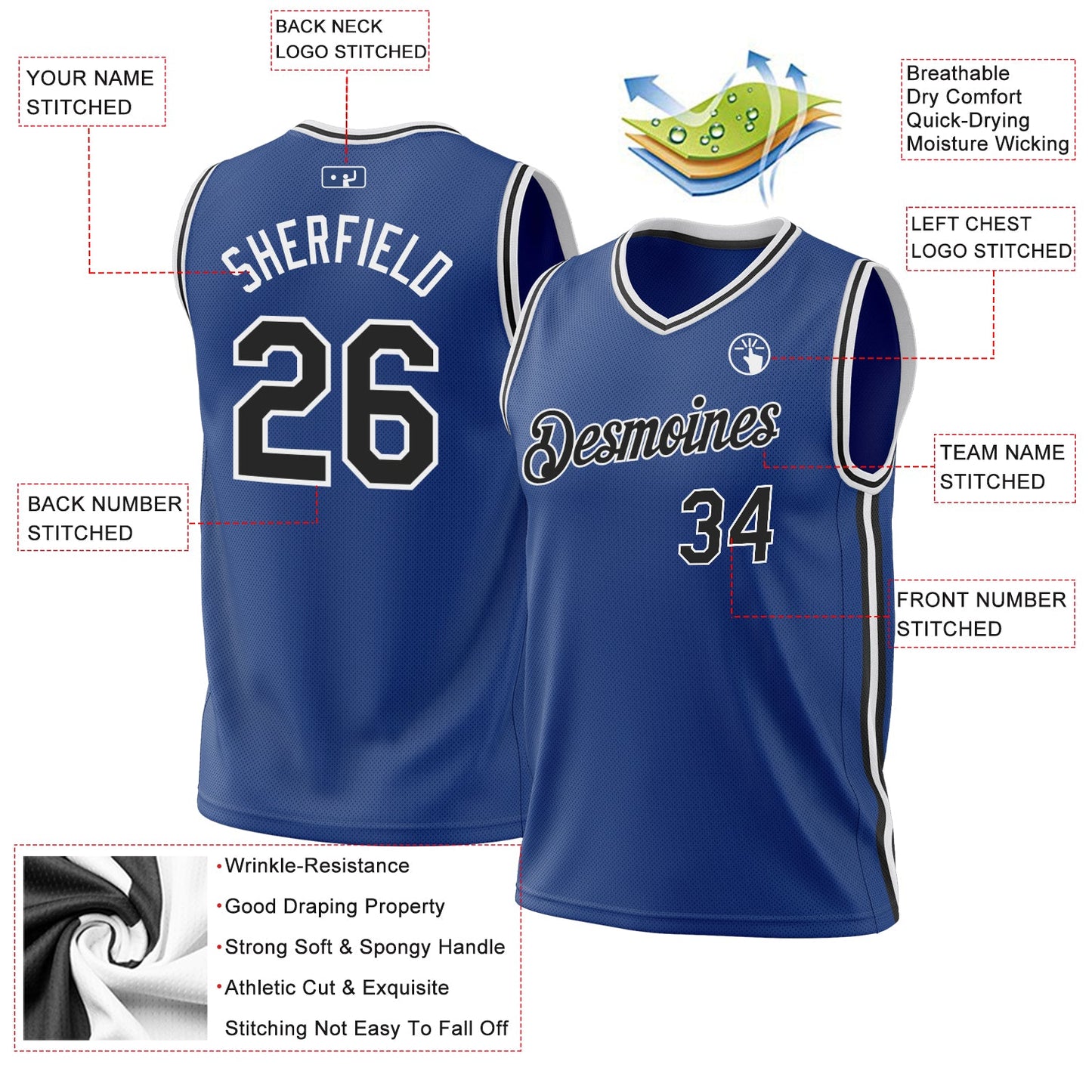 Custom Royal Black-White Authentic Throwback Basketball Jersey view 3