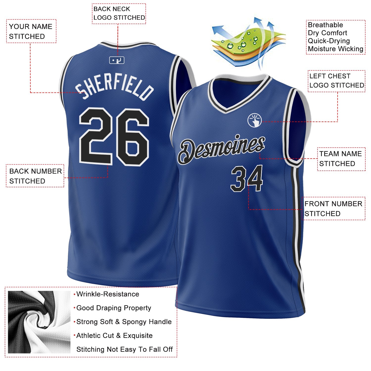 Custom Royal Black-White Authentic Throwback Basketball Jersey view 3