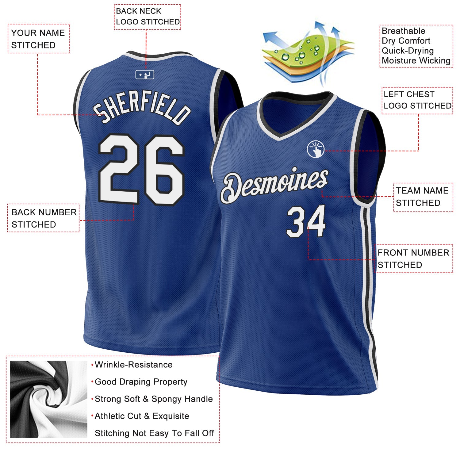 Custom Royal White-Black Authentic Throwback Basketball Jersey view 3