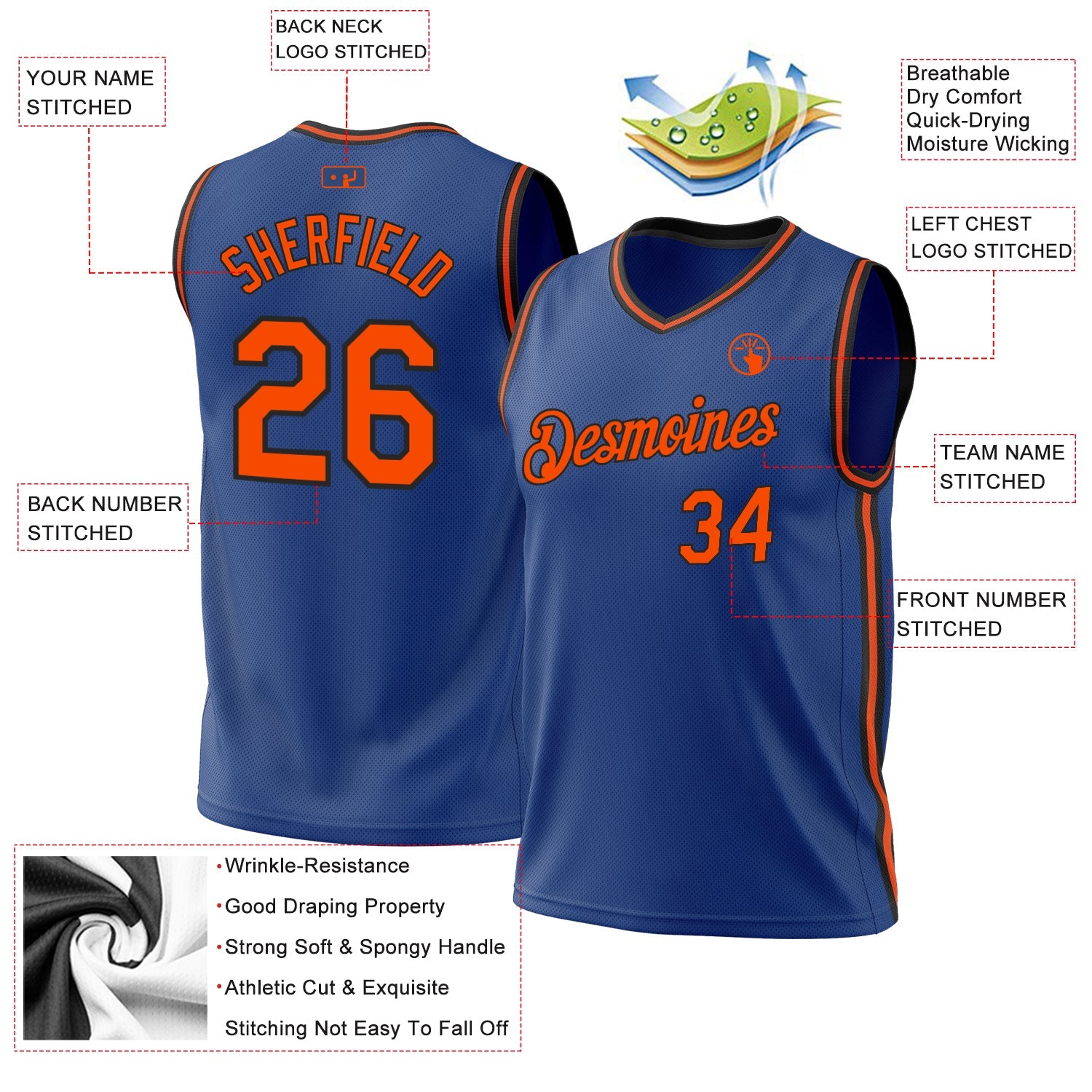 Custom Royal Orange-Black Authentic Throwback Basketball Jersey view 3