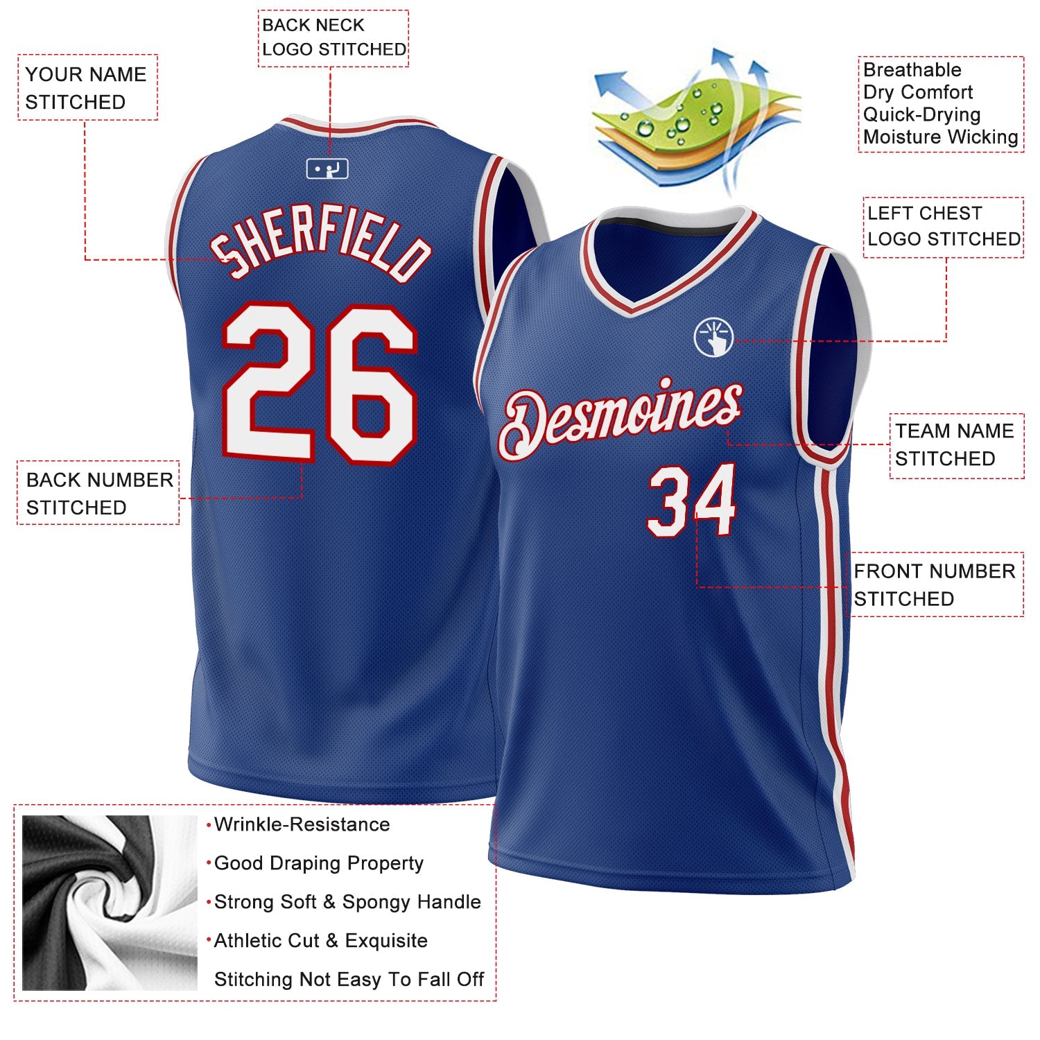 Custom Royal White-Red Authentic Throwback Basketball Jersey view 3