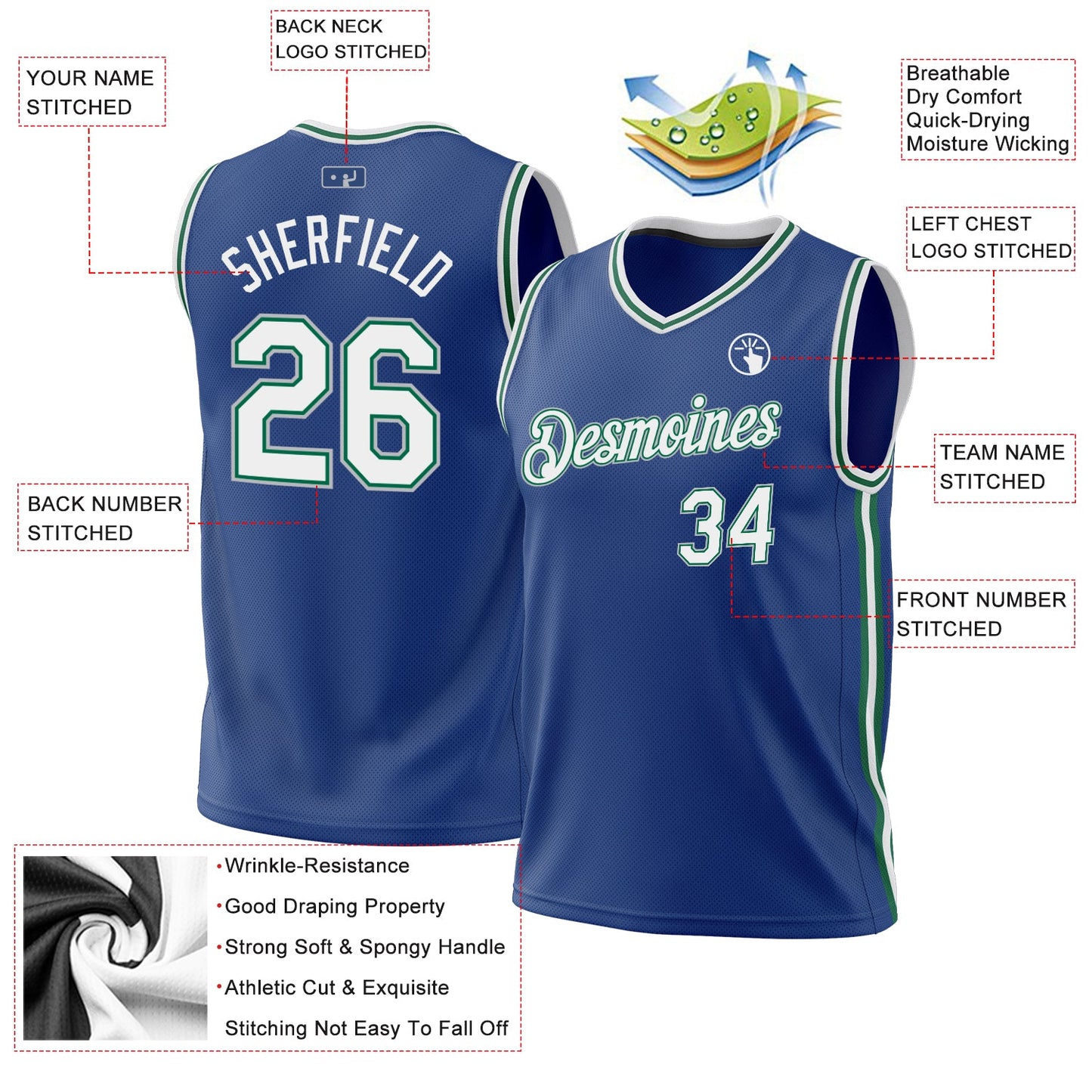 Custom Royal Kelly Green-Gray Authentic Throwback Basketball Jersey view 3