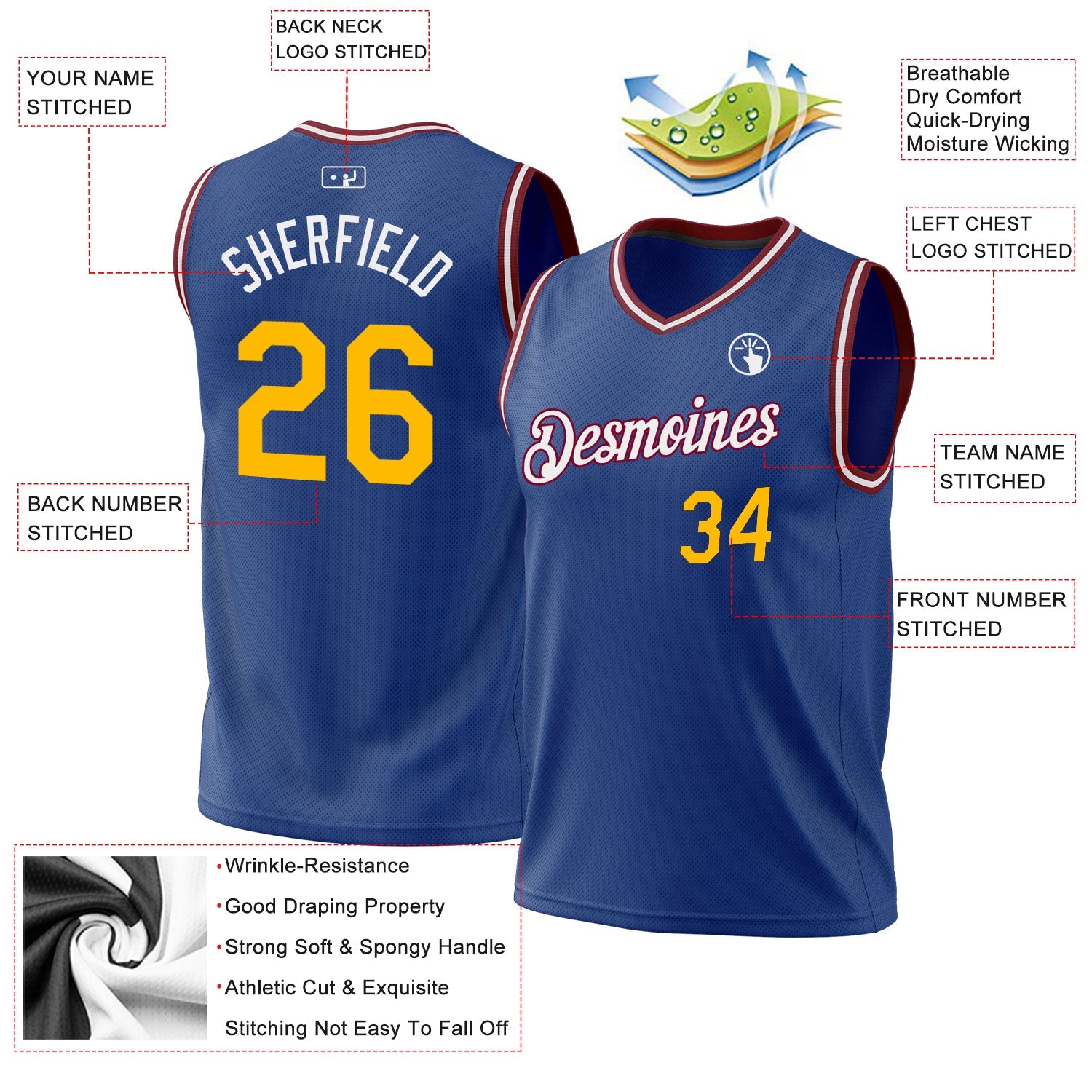 Custom Royal Gold-Maroon Authentic Throwback Basketball Jersey view 3