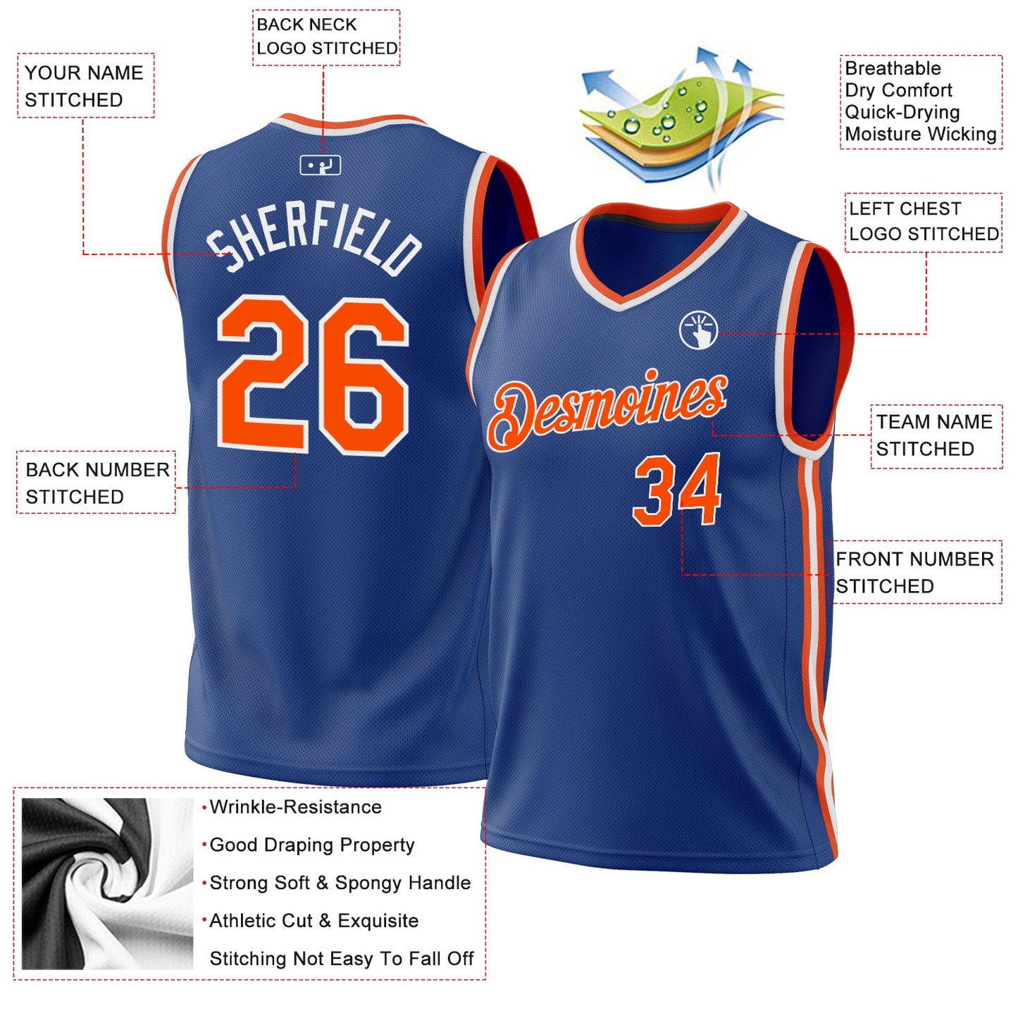 Custom Royal Orange-White Authentic Throwback Basketball Jersey view 3