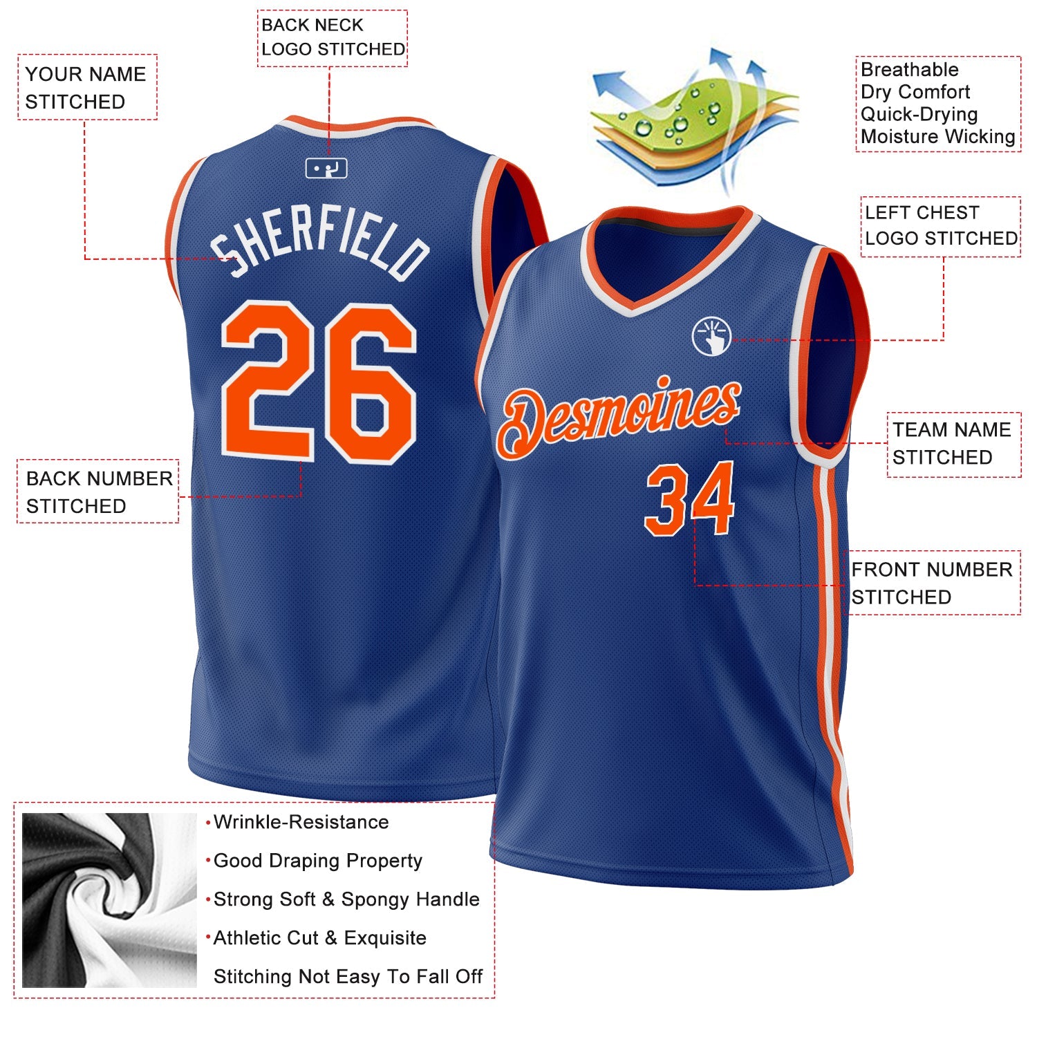 Custom Royal Orange-White Authentic Throwback Basketball Jersey view 3