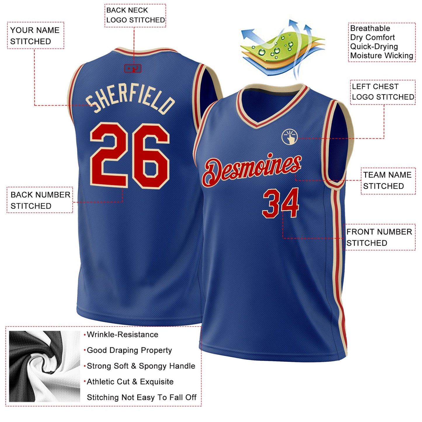 Custom Royal Red-Cream Authentic Throwback Basketball Jersey view 3
