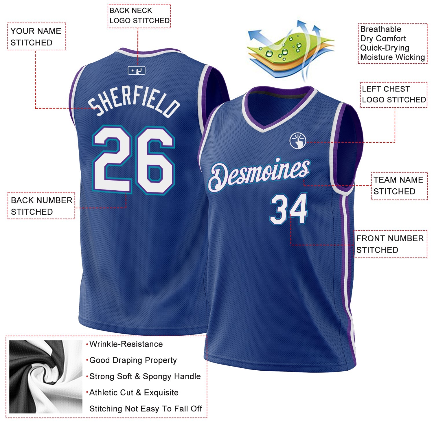 Custom Royal Purple-Teal Authentic Throwback Basketball Jersey view 3