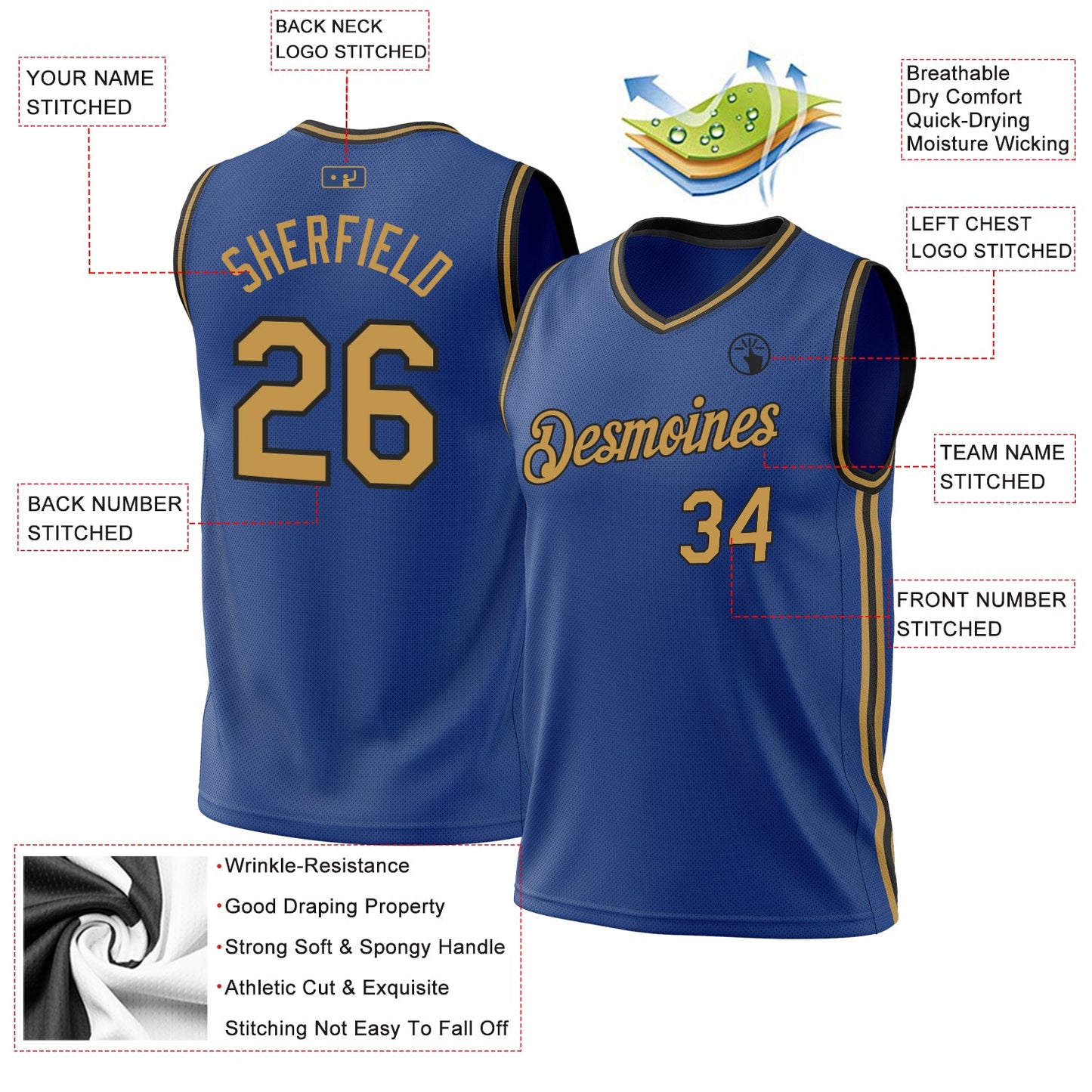 Custom Royal Old Gold-Black Authentic Throwback Basketball Jersey view 3