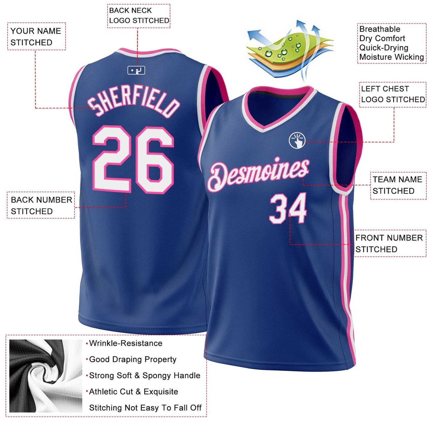 Custom Royal White-Pink Authentic Throwback Basketball Jersey view 3