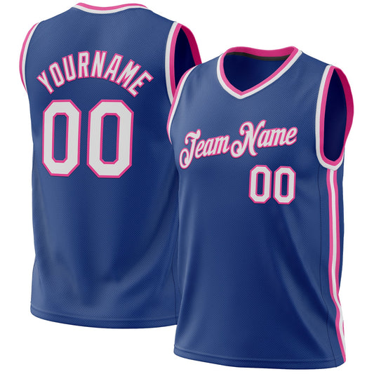 Custom Royal White-Pink Authentic Throwback Basketball Jersey - Main View