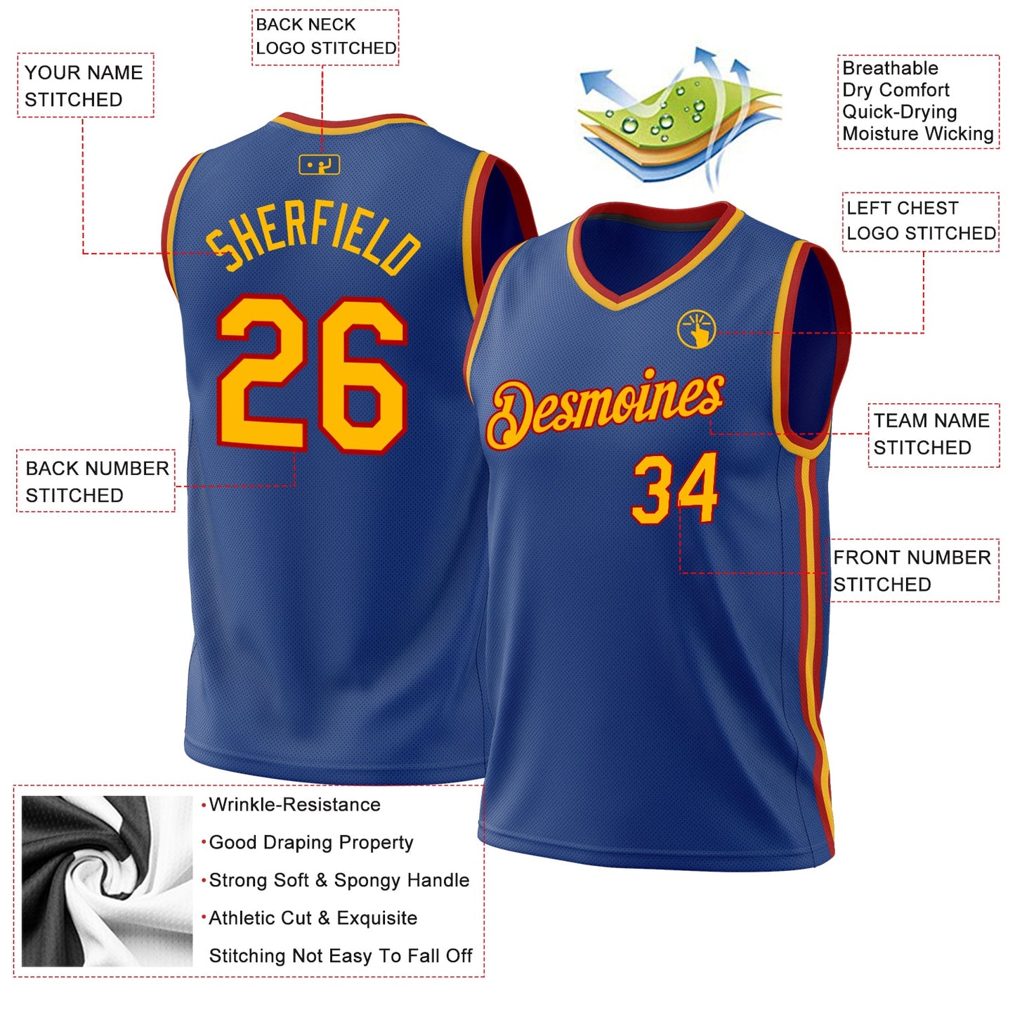 Custom Royal Gold-Red Authentic Throwback Basketball Jersey view 3