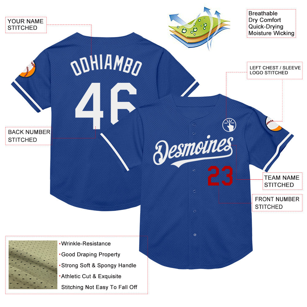 Custom Royal White-Red Mesh Authentic Throwback Baseball Jersey view 3