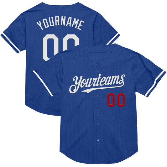 Custom Royal White-Red Mesh Authentic Throwback Baseball Jersey - Main View