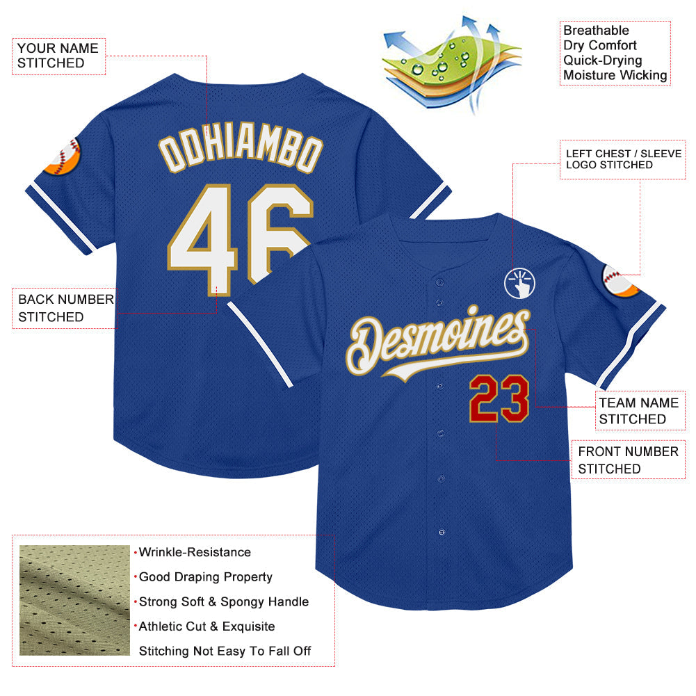 Custom Royal Red-Old Gold Mesh Authentic Throwback Baseball Jersey view 3