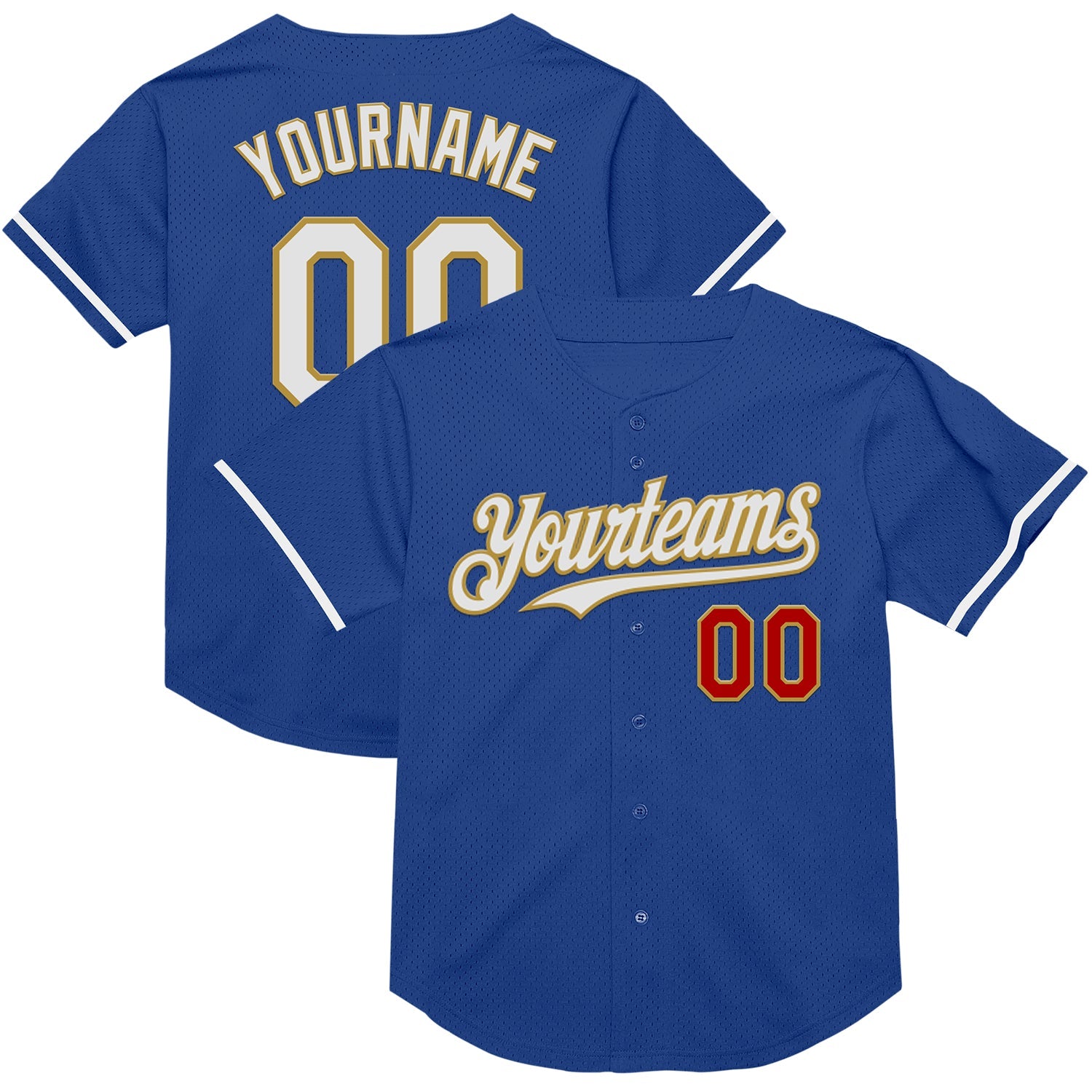 Custom Royal Red-Old Gold Mesh Authentic Throwback Baseball Jersey - Main View