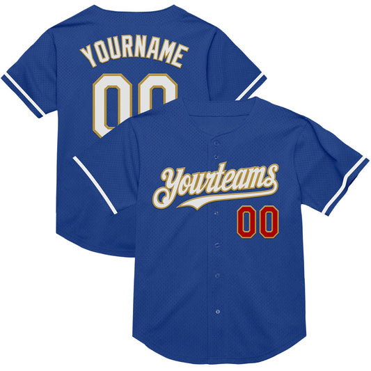 Custom Royal Red-Old Gold Mesh Authentic Throwback Baseball Jersey - Main View