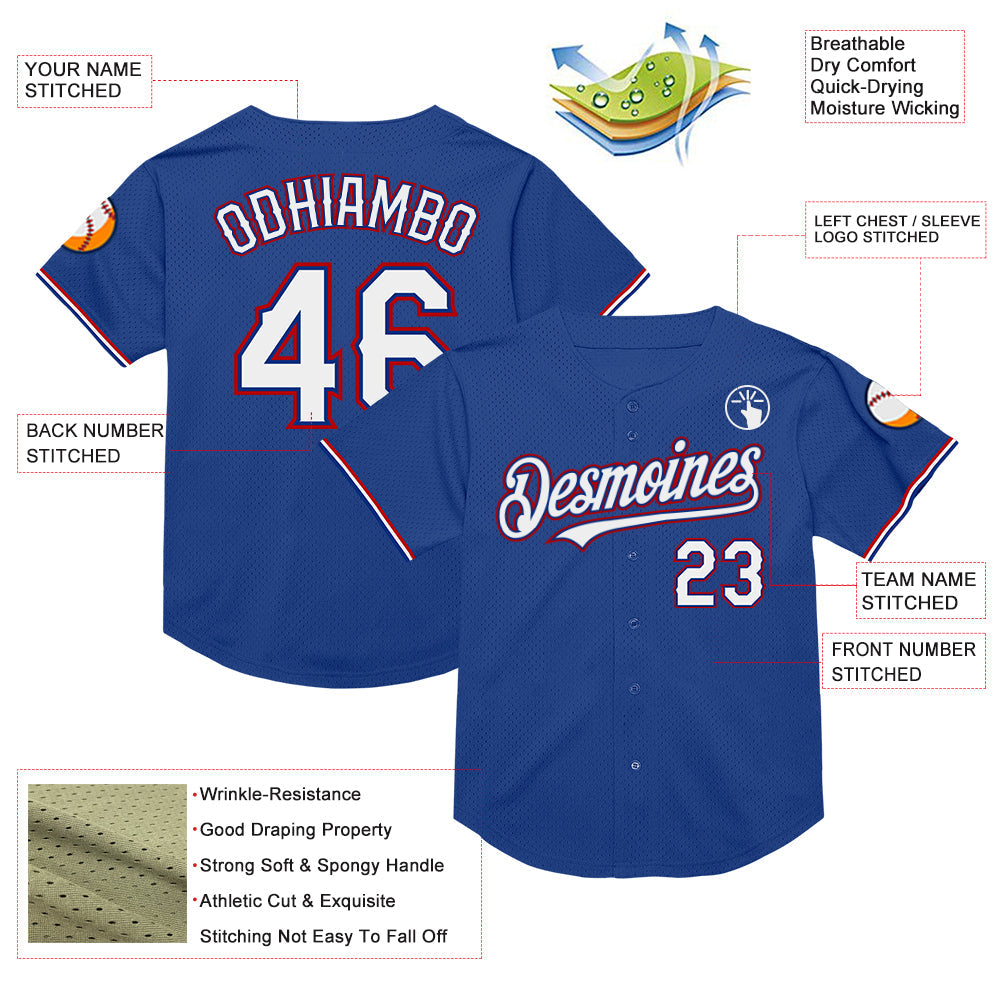 Custom Royal White-Red Mesh Authentic Throwback Baseball Jersey view 3