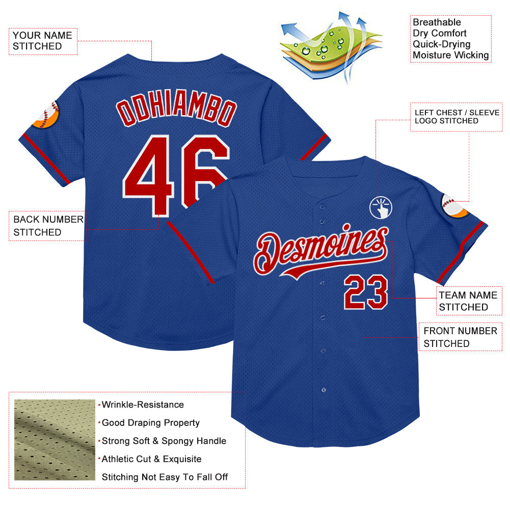 Custom Royal Red-White Mesh Authentic Throwback Baseball Jersey view 3