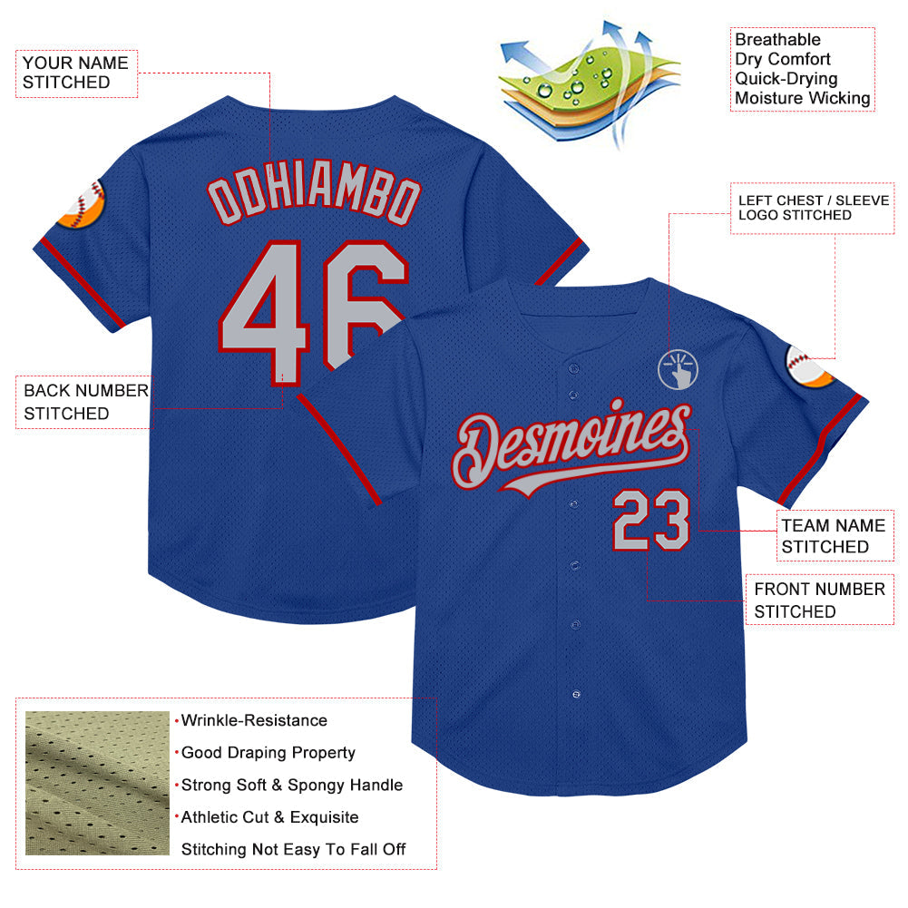 Custom Royal Gray-Red Mesh Authentic Throwback Baseball Jersey view 3